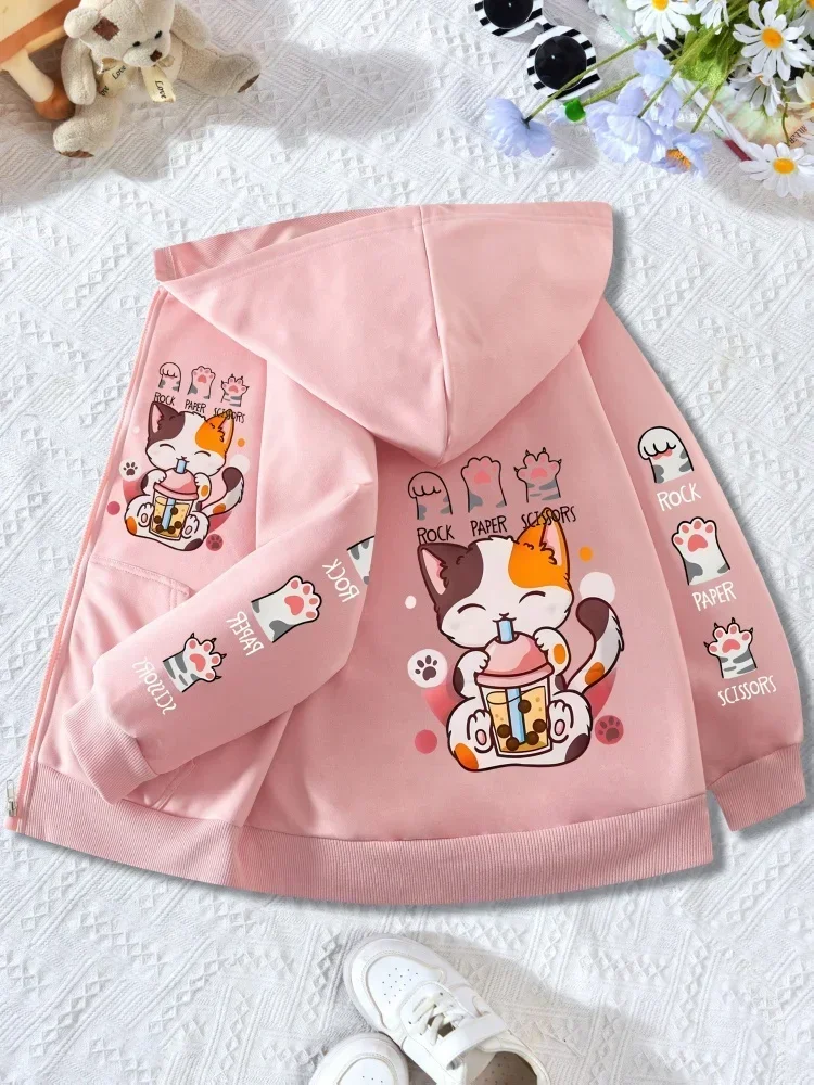Children Long Sleeve Zip Hoodie Funny Cat Boba Tea Paw Print All Over Graphic Loose Hooded Outerwear Daily Wear