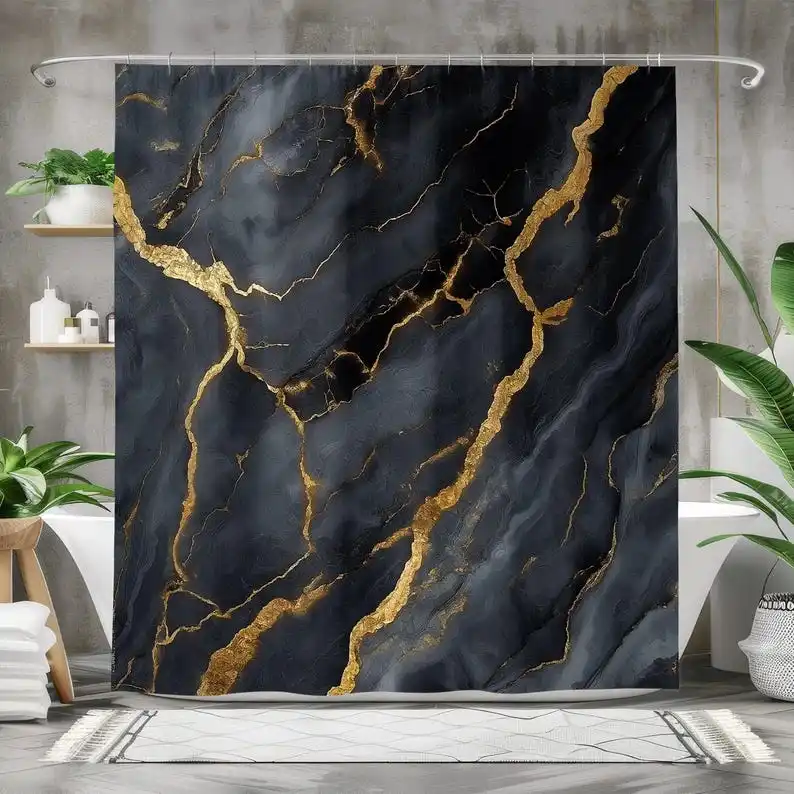 

Gray, Black Marble Shower Curtain, Waterproof Fabric Bath Curtain, Elegant Gold Vein Design, Luxury Bathroom Decor