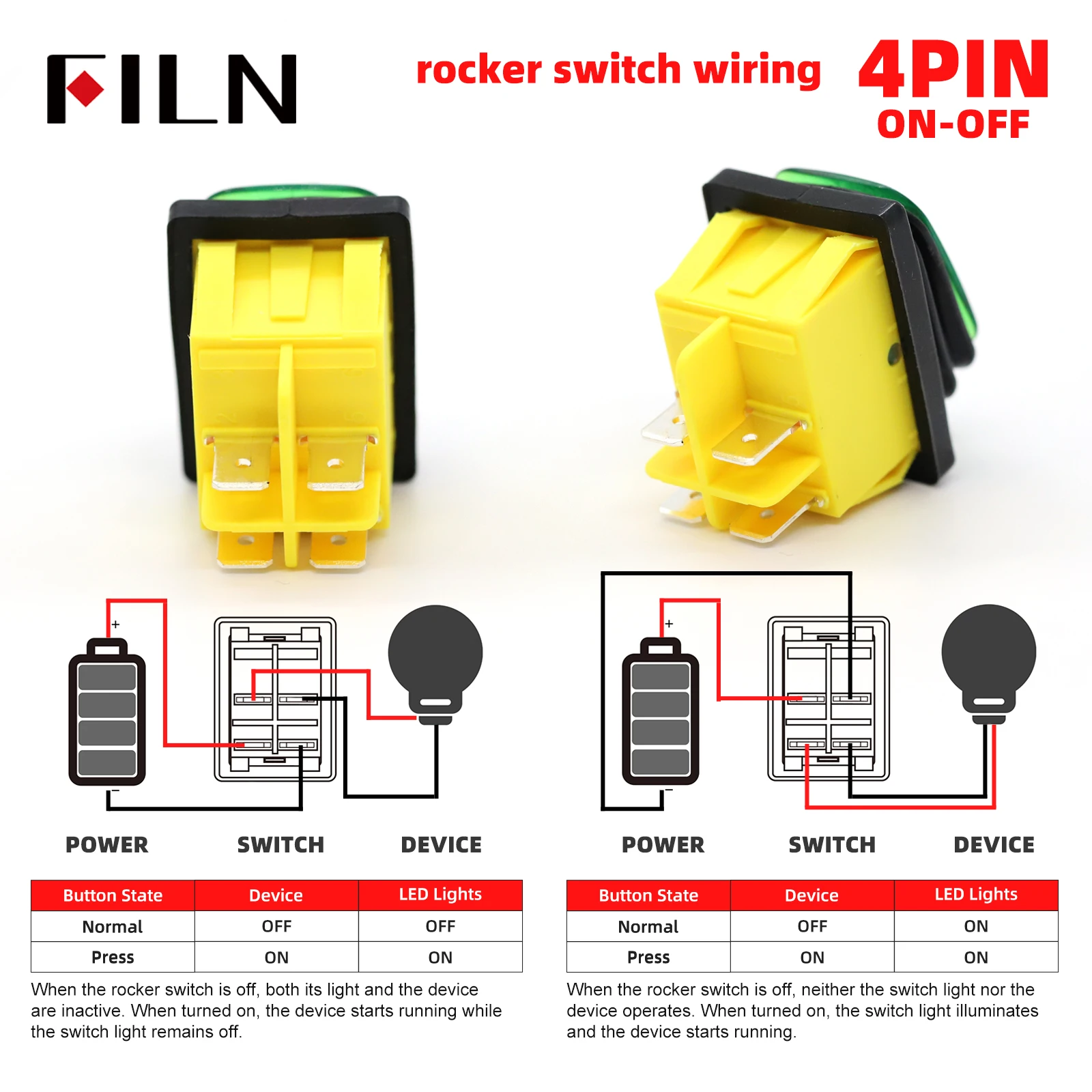 FILN 30A 12V 24V 110V 220VLED Rocker Switch  Waterproof IP65 ON OFF Heavy Duty 4 Pin DPST Sealed  Auto Boat Marine Toggle 30x22 image 6