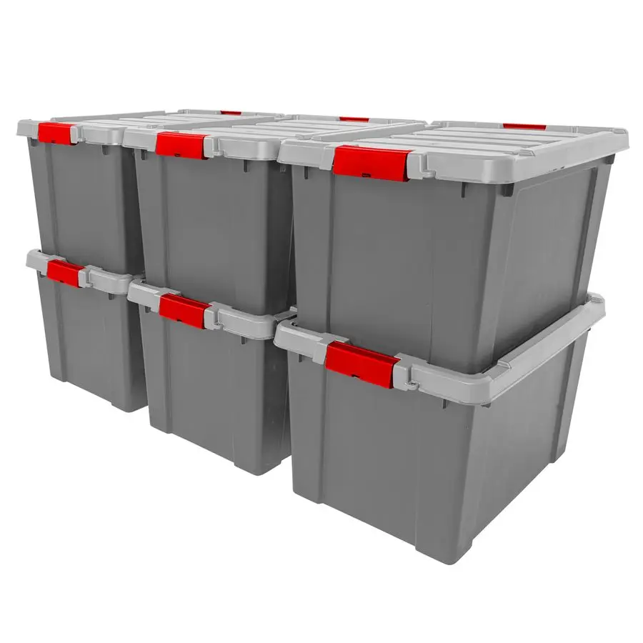 

USA 20 Gallon Lockable Storage Totes with Lids, 6 Pack Gray, HeavyDuty Durable Stackable Containers, Large Garage O Customizable