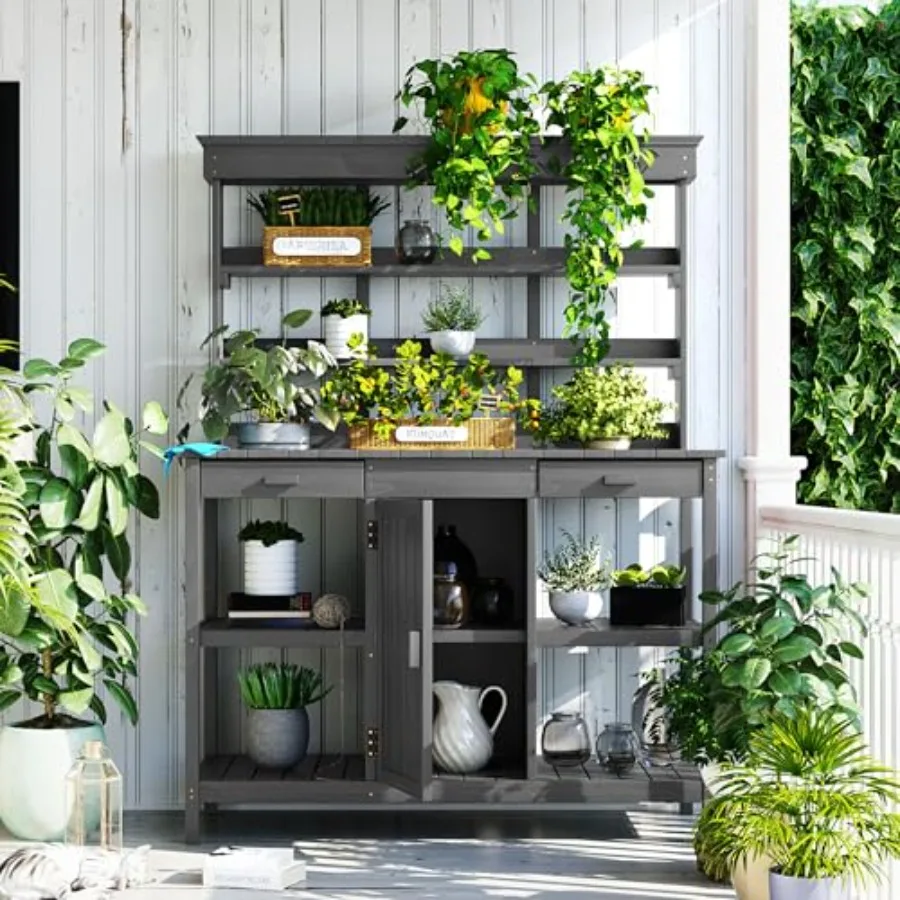 Outdoor Wooden Potting Bench Table Farmhouse Garden Workstation with Drawers, Cabinet and Storage Shelves, Large Fir Wood Work