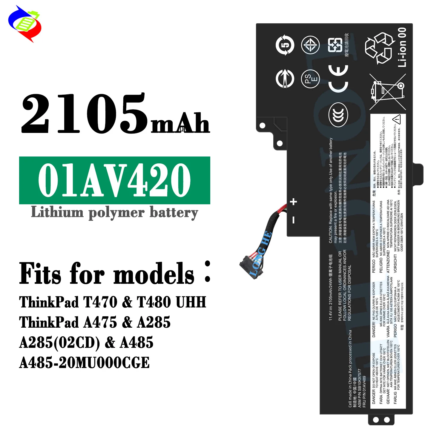 01AV420 Laptop Battery for Lenovo ThinkPad T470 T480 A475 SB10K97577 11.4V 24Wh 2105mAh Replacement Internal Battery