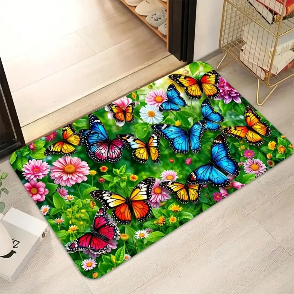 

1pc Spring Floral Butterfly Themed Doormat, Featuring Vibrant Butterflies And Daisy Prints, Machine Washable Felt door mat