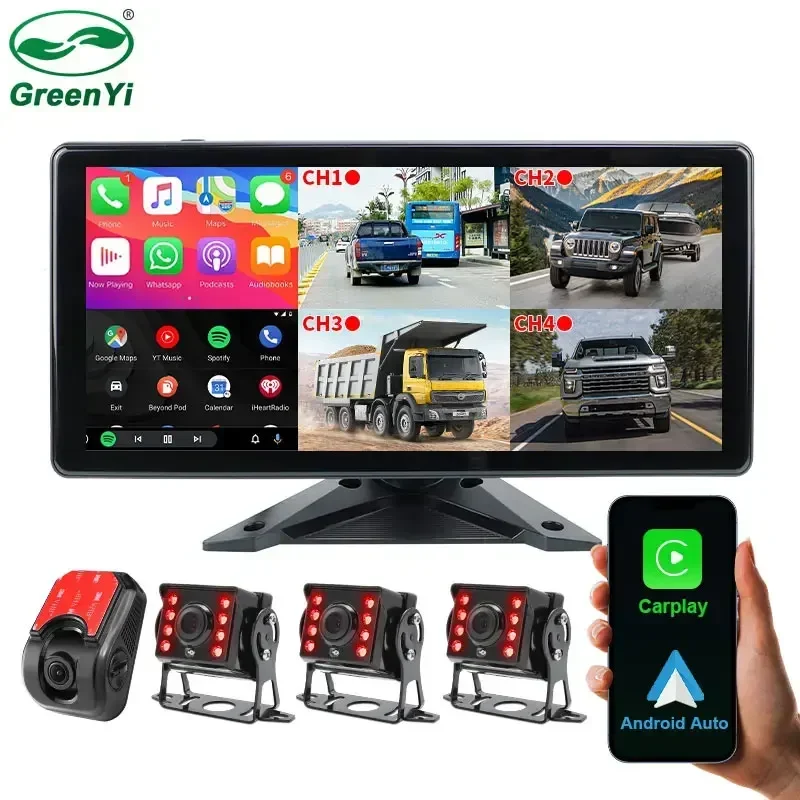 10.36 WiFi Monitor for Truck Bus Support Wireless Carplay and Android Auto Safe Parking Recording with AHD 1080P Camera Dash Cam