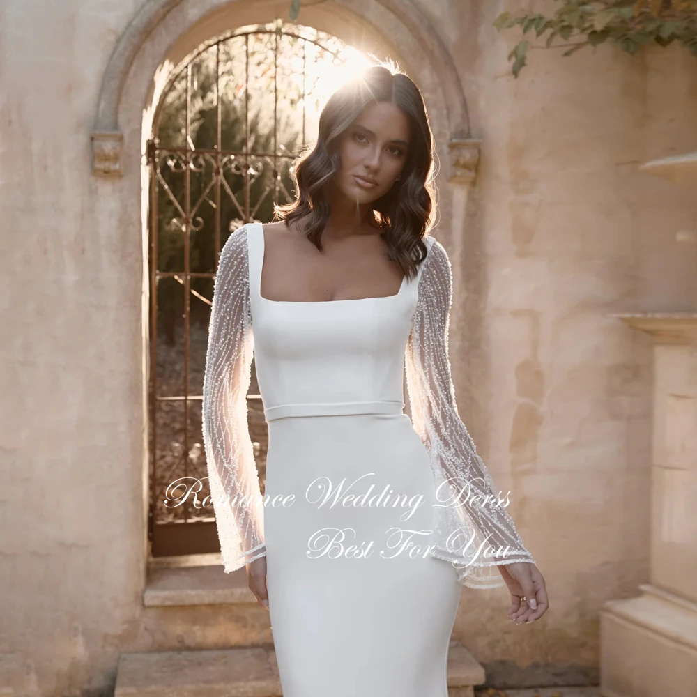 Elegancka suknia ślubna typu syrena z kwadratowym dekoltem, koronkowymi długimi rękawami, odkrytymi plecami i trenem zamiatającym, suknia ślubna Vestidos De Novia, możliwość personalizacji.