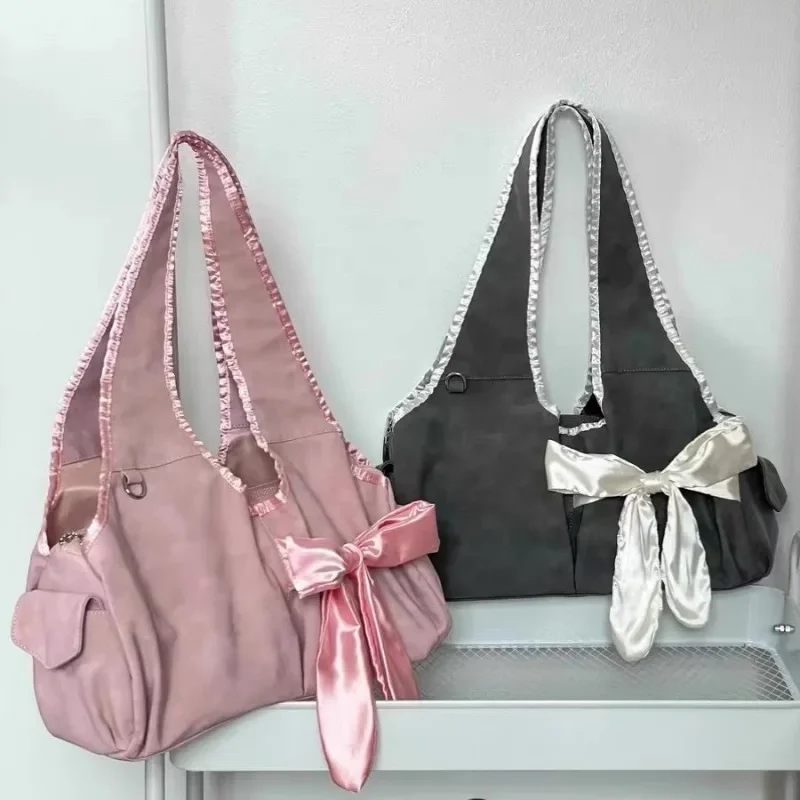 Harajuku Large Capacity Tote Bag Women Fairycore Aesthetic Bow Chic Grey Handbag Female Vintage Cute Shoulder Bags New