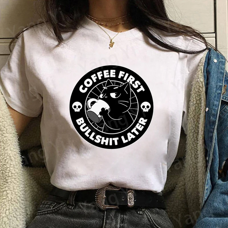 

Black Cat Print T-shirt Women Men Summer Casual Short Sleeve Round Neck Fashion T-shirt COFFEE FIRST BULLSHIT LATER Print Tee
