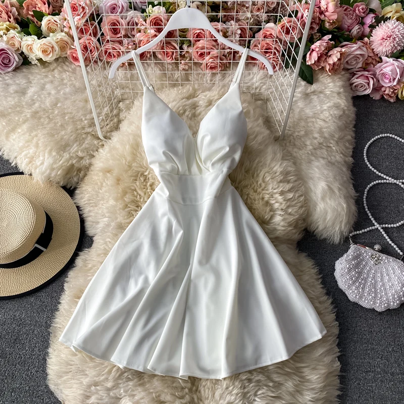 

Vintage Women's Summer Beach Dress Sexy V-Neck Spaghetti Strap Backless Boho Mini Dresses Soild Color Sundresses Vestidos платье