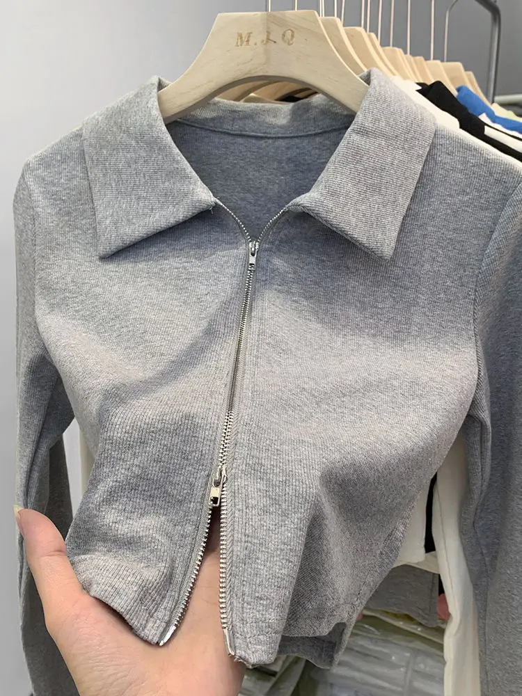 سترة نسائية محبوكة بياقة بولو وسحاب مزدوج قصيرة الطول لفصلي الربيع والخريف بتصميم عصري على الطراز الكوري ضيقة بلون واحد #3