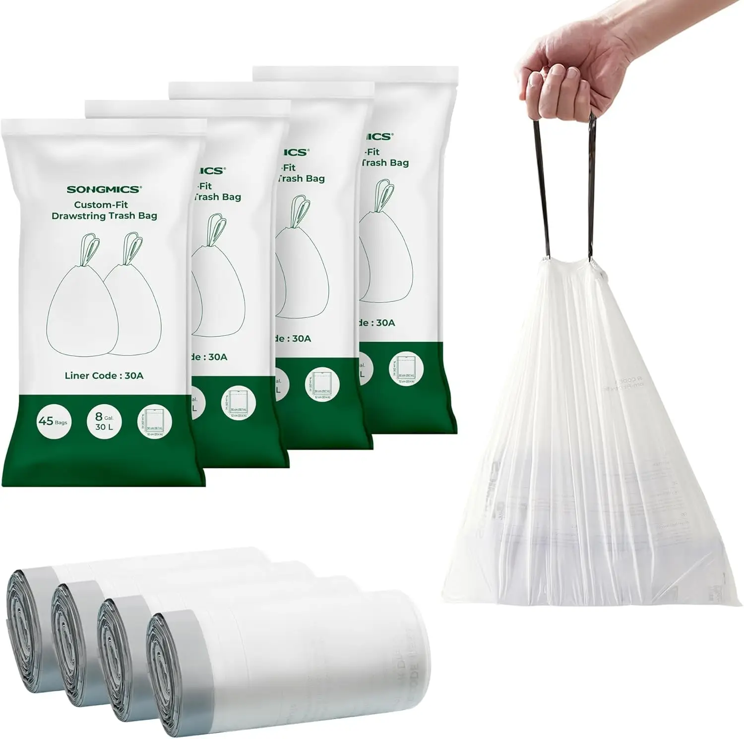 8-Gallon (30L) Drawstring Kitchen Garbage Bags, Pre-Separated, 4 Rolls, 180 Count, White