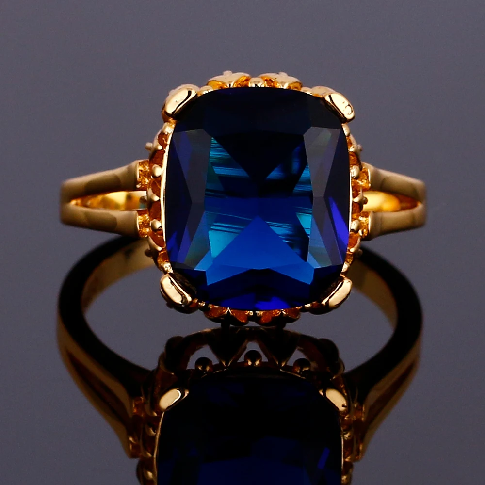 New Listing Fashion Jewelry Large Rectangular 10*12MM Royal Blue Stone Gold Color Ring Female Engagement Wedding Party Jewelry