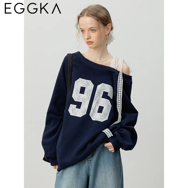 EGGKA Lace Off-Shoulder Sweatshirt Loose Print Long-sleeve Shirts Women Autumn Winter Casual Sweatshirts 2024 Fashion Streetwear