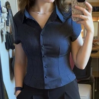 Chemisier court ajusté à rayures vintage pour femme, chemise boutonnée à manches courtes, col chemise, élégante pour le bureau 6