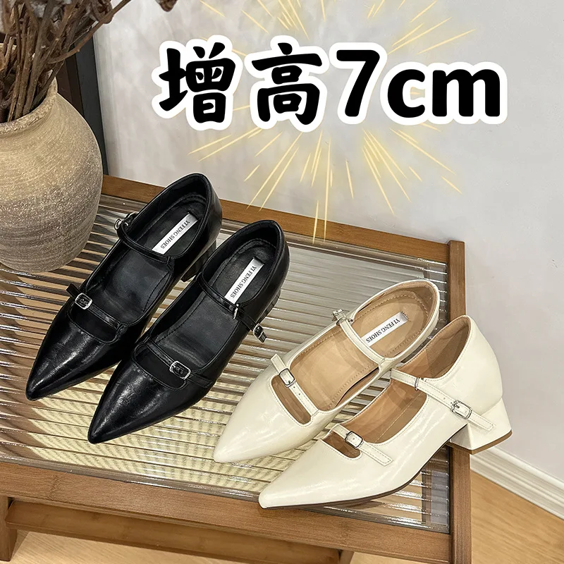 

Весна и осень 2024, новые женские туфли Мэри Джейн с острым носком и белым ремешком, на высоком каблуке с внутренней стороны