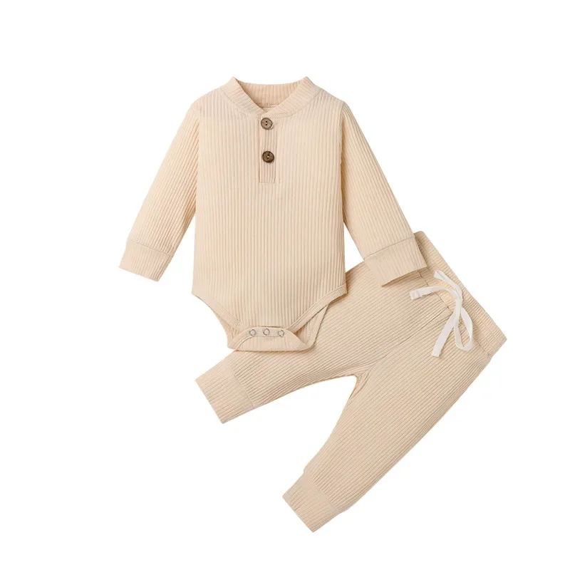 0-24months Baby Knit Spring Fall Outfits Long Sleeves Romper Ruffle Jogger Lace-Up Long Trousers Clothes Sets For Boys And Girls