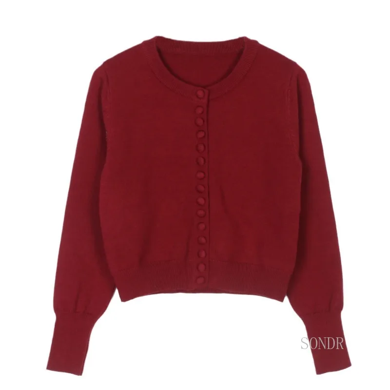 Wine Red Cardigan Women Loose Thin Single-breasted Knitted Cardigan Jacket 2024 New Round Neck Long Sleeve Tops Korean Fashion