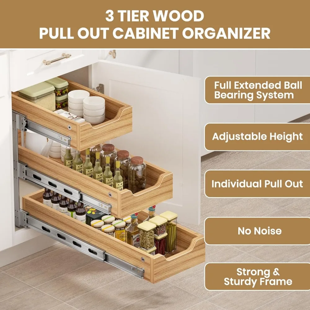 منظم درج منزلق عالي التحمل، 9 عريض × 21 عميق، رف خشبي لتخزين الخزانة، حل سحب الخزانة الأساسية