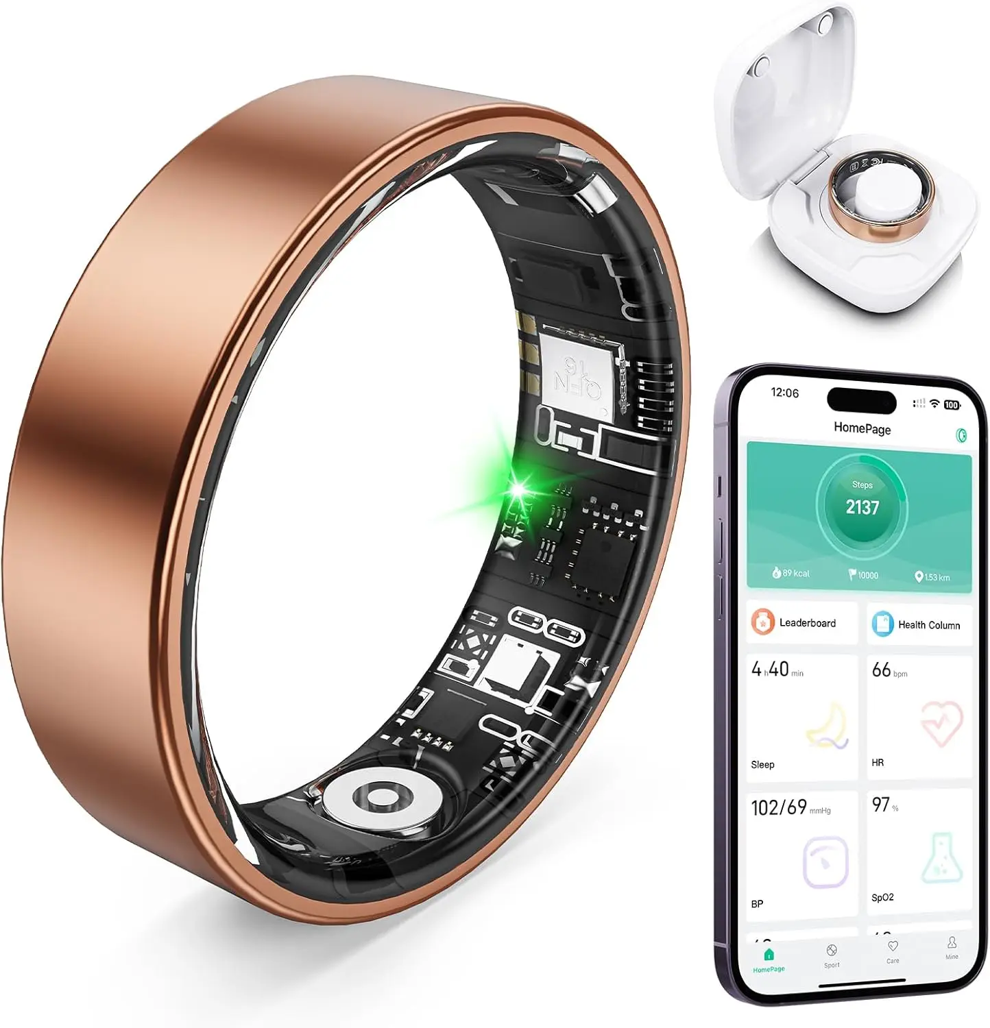 

Smart Ring: Sleep, Steps, Heart Rate, Blood Oxygen Tracker for iOS/Android, IP68 Waterproof, No Fees (Rose Gold)