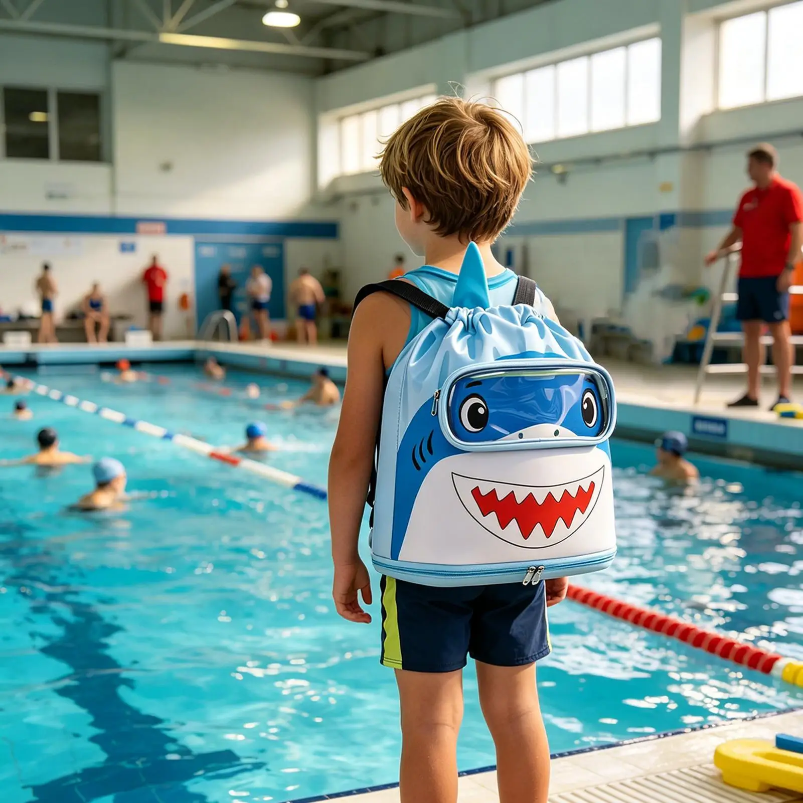 Cartoon Shark Kids Swim Bag Large Capacity Drawstring Gear Towels Water Bottles Sunscreen Toys Pool Beach Summer Camping