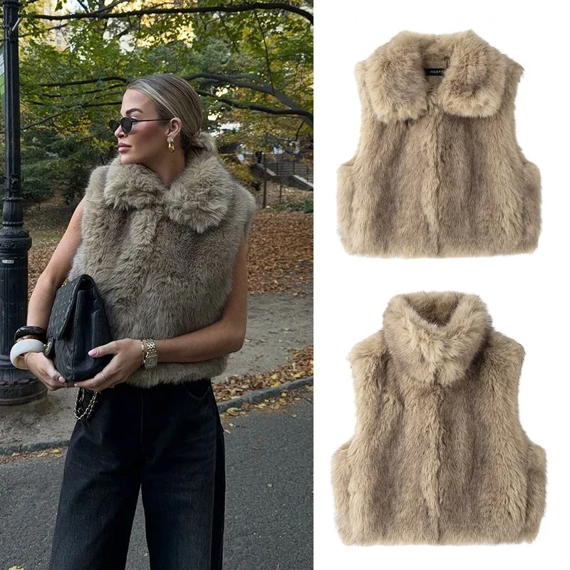 New Fashionable Faux Fur Warm Vest Jacket High-end Fur High Neck Sleeveless Vest Coat Women Shaggy Open Front Outerwear Vest