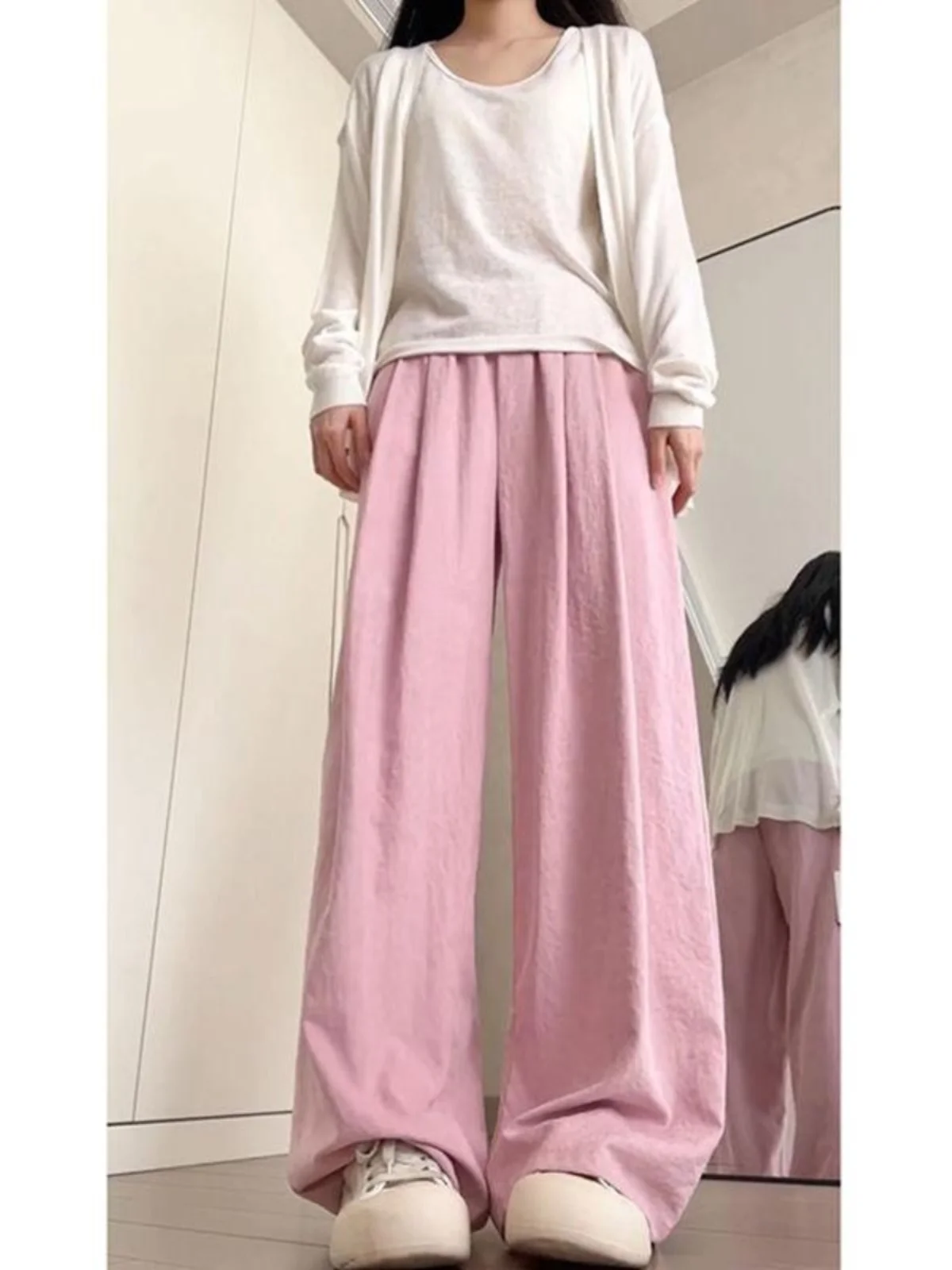 Pink Ice Silk Pleated Wide Leg Pants Women's Spring Summer Loose Drape Sun Protection Straight Tube Pants Korean Style Commute