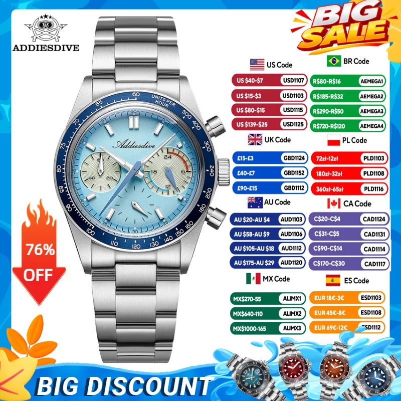 ADDIESDIVE New Men Watches VK63 Chronograph Quartz Wristwatch AD2539 Dome Glass 100m Waterproof Diving BGW9 Luminous Watch