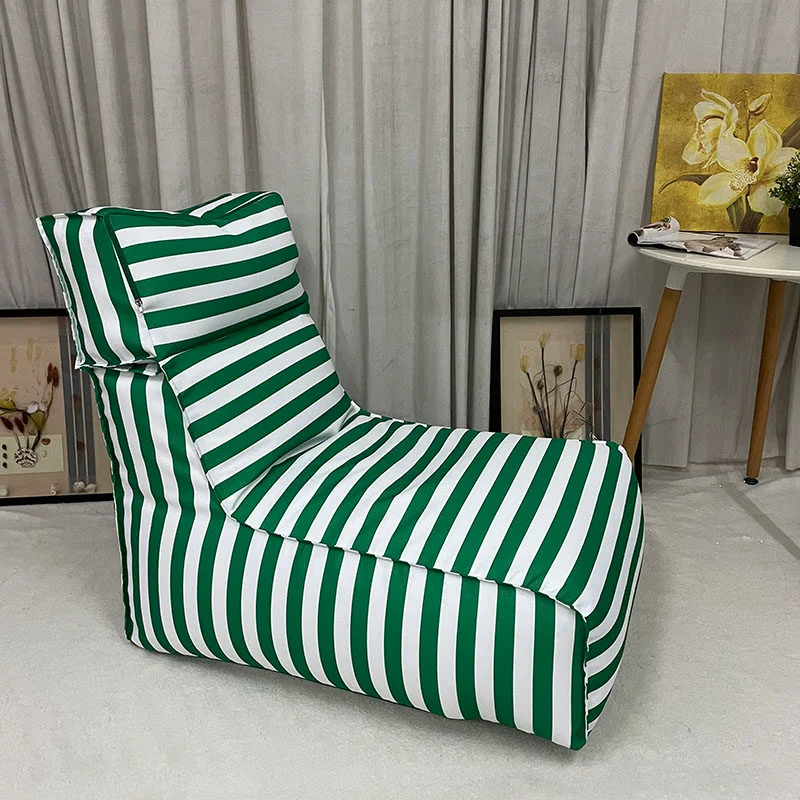 #Modern Outdoor Striped Fabric L-Shape One Seat Lounger Ultra Soft Foldable Furniture Comfy Beanbag Removable Cover EPS Filled