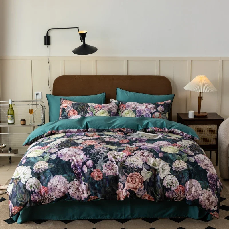 1000TC Egyptian Cotton Flowers Plant Prints Bedding Set Single Double Queen King Size Duvet Cover Set Bed Sheet Pillowcases 4Pcs