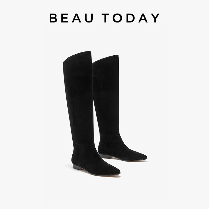 BEAUTODAY Over the Knee Boots Women Cow Suede Pointed Toe Slanted cut Coffee Gorgeous Long Boots Female Handmade 01242