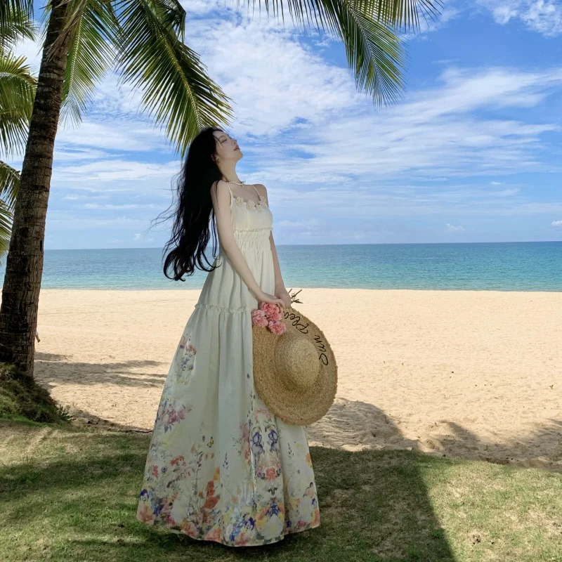 Vintage Boho Fashion Long Dresses For Women Summer Flower Print High Waist Casual Holiday Party Dress Vestidos 2025 New N768