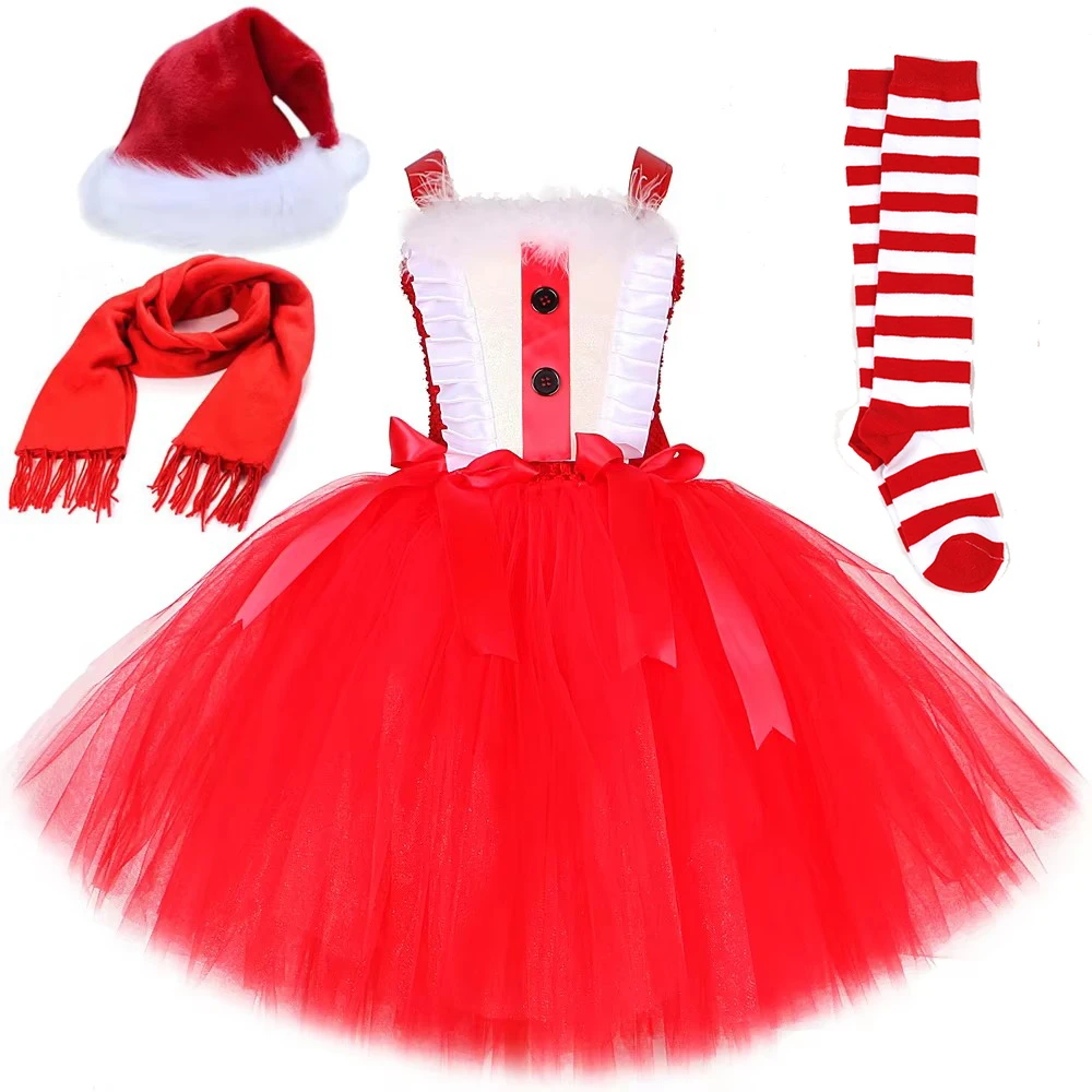 Red Santa Claus Costumes for Girls Father Christmas Lined Tutu Dress Kids Xmas Carnival Party Outfit Children New Years Clothes