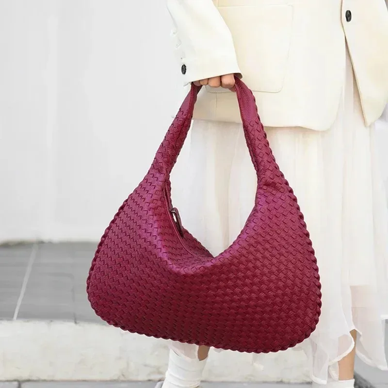 New Vegan Leather Hobo Bag Handmade Woven Casual Female Half Moon Handbag Big Capacity Patchwork Zipper Women Tote Shoulder Bags