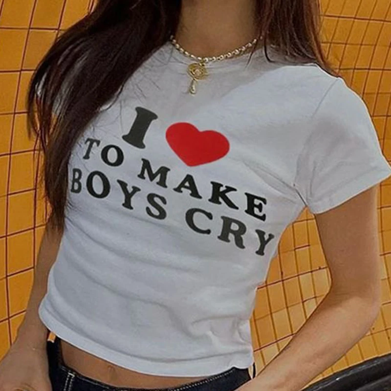 I Love To Make Boys Cry Letter Goth T-shirt Women Harajuku Short Sleeve Top Street Sexy Crop Tops Slim New Baby Tees Y2K Clothes