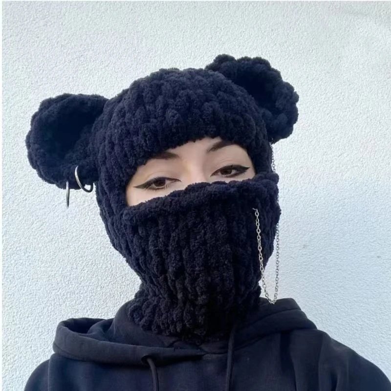 Bear Ears Crochet Balaclava Women Handmade Chain Circle Knitted Hat Party Chenille Mask Warm Beanies Ear Protection Skullies Cap