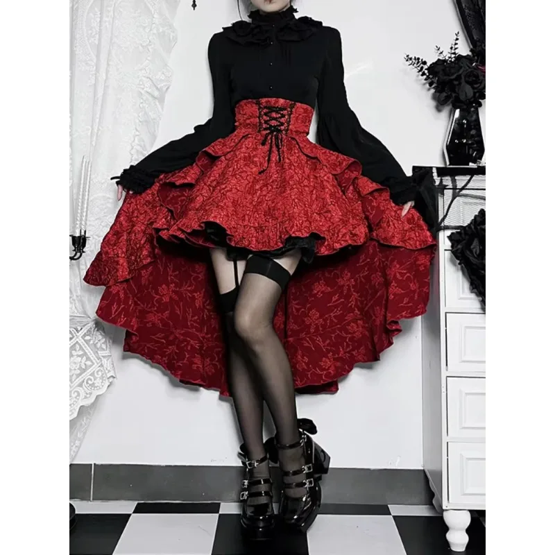 Women Retro Gothic High‑Waist Swallow‑Tail Skirt, Lace‑Up Asymmetrical High‑Low Hem Skirt, Steampunk Vintage Party Bottoms