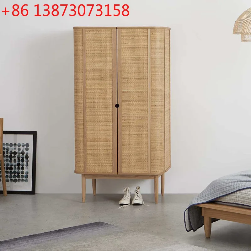 American retro wardrobe rattan solid wood wardrobe Nordic small apartment bedroom double door log old locker