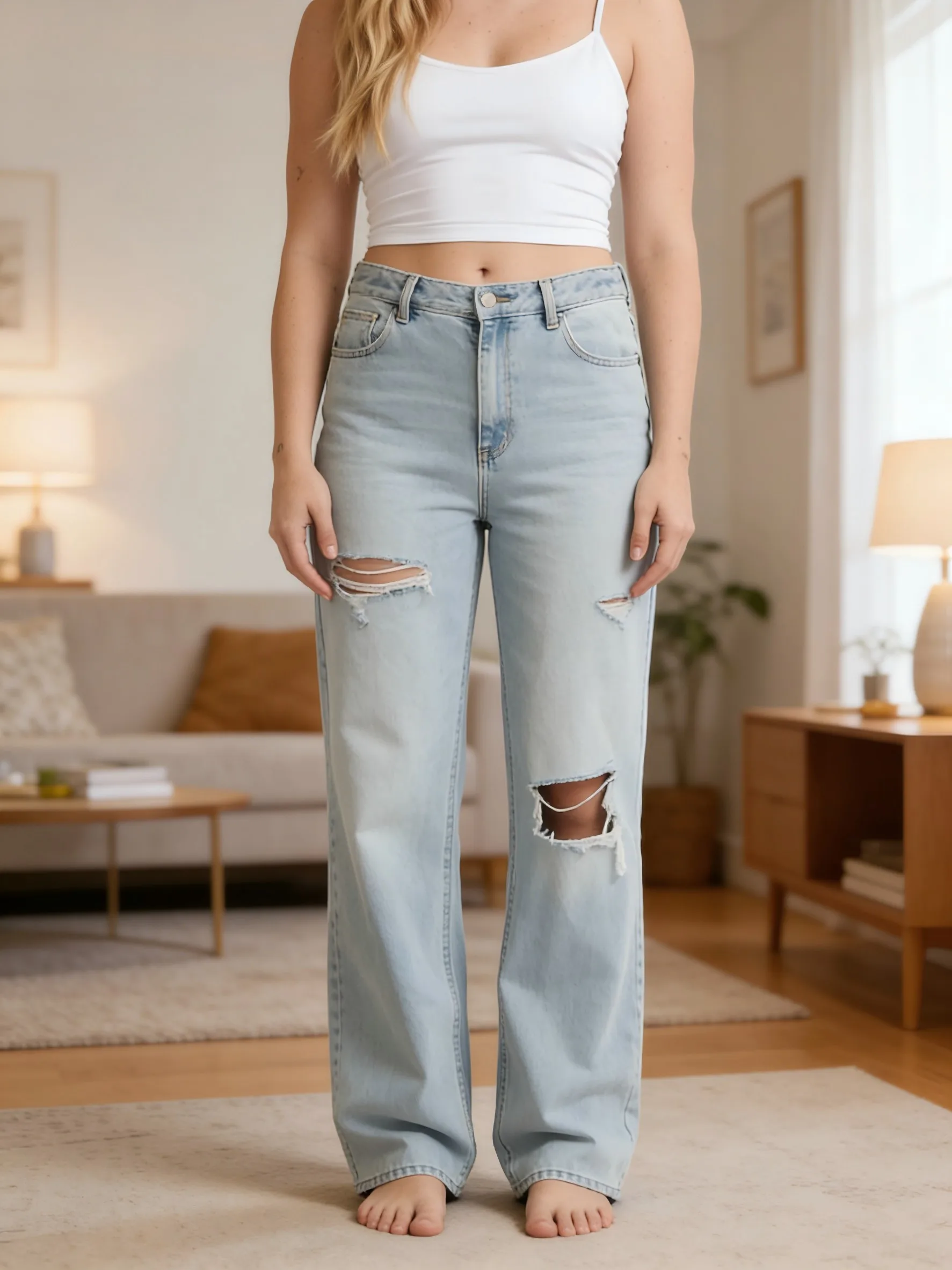 【HME】Jeans | Figure‑Flattering Wide Leg Denim Pants, Soft Light‑Wash Denim For Women, Irregular Knee Ripped Craft, Classic Multi‑Pocket Design, Loose Denim Pants For Multiple Occasions