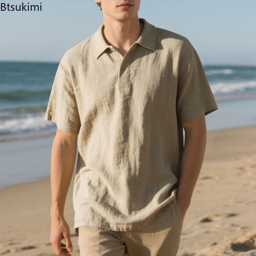 

2025 Daily Casual Short Sleeve Linen Polo Shirt Mens Fashion Solid Color Buttoned Polo Neck Tops Summer Leisure Pullovers Male