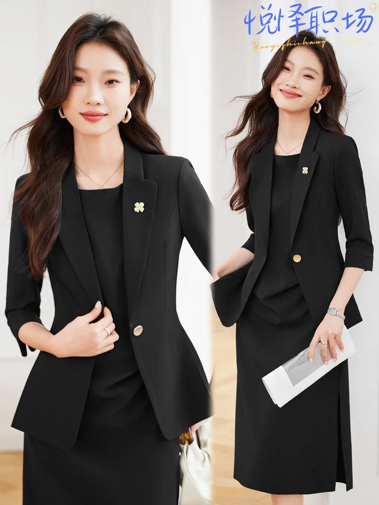 

Collarless Blazer Dress for Women, Spring/Summer, Petite Size, High-End Casual Style, Two-Piece Fashion Set