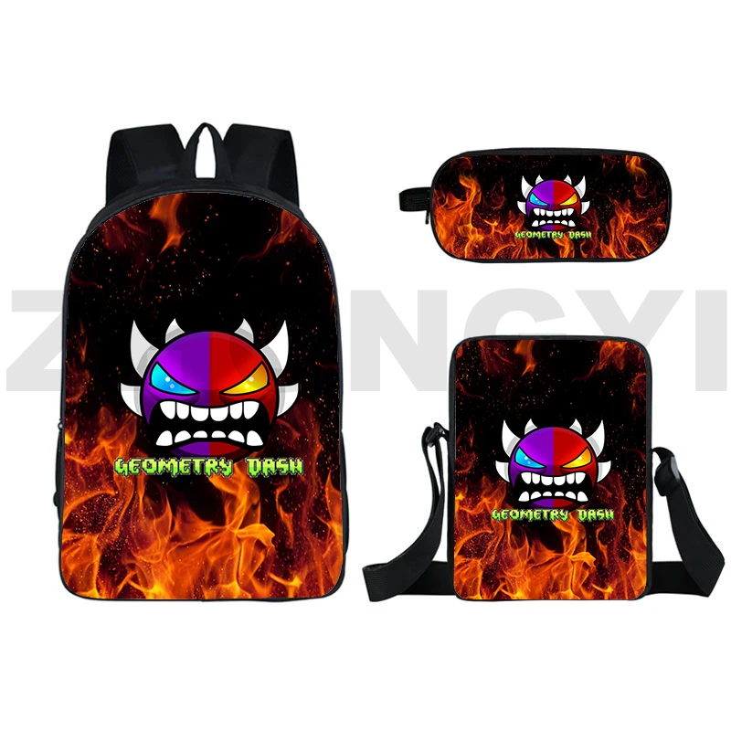 16 Inch Angry Geometry Dash Backpacks 3 in 1 Set 3D Anime Pencil Case Handbags Back Pack for Teenagers Girls Japanese School Bag