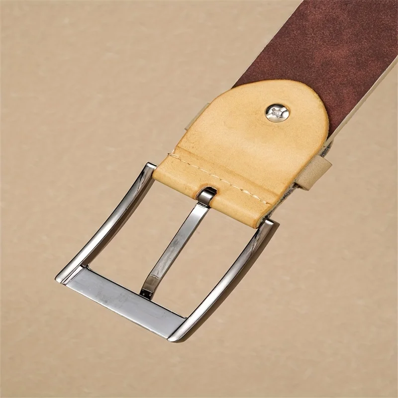 Eleganter Beige Karierter Gürtel für Herren Minimalistische Silberne Dornschließe Formeller Business-Anzug Taillengürtel – Detail 4