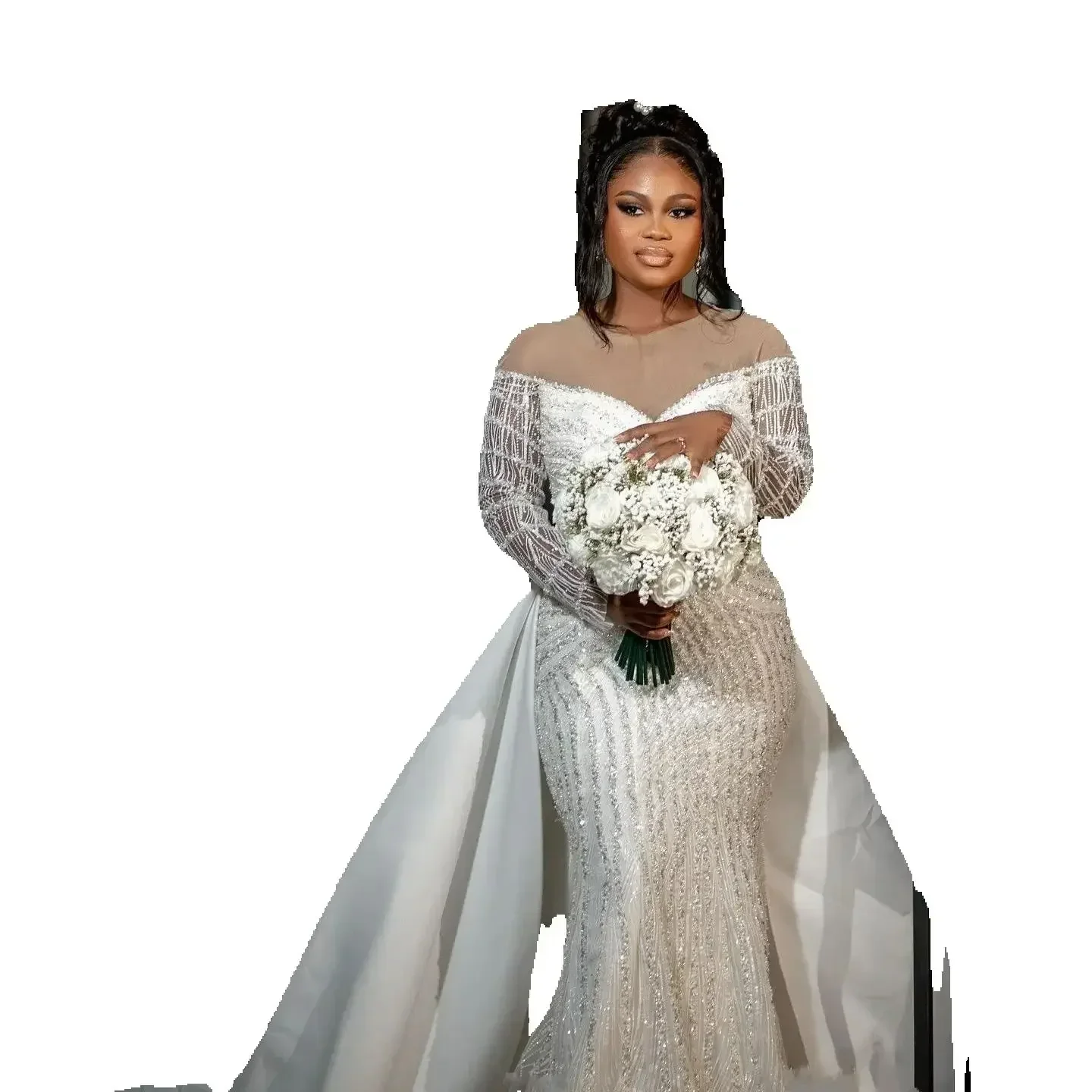 Customized Scoop Neck Shinny Sequins Beads Wedding Dress with Removable Skirt  Robe De Mariée Full Sleeve Church Bridal Gown