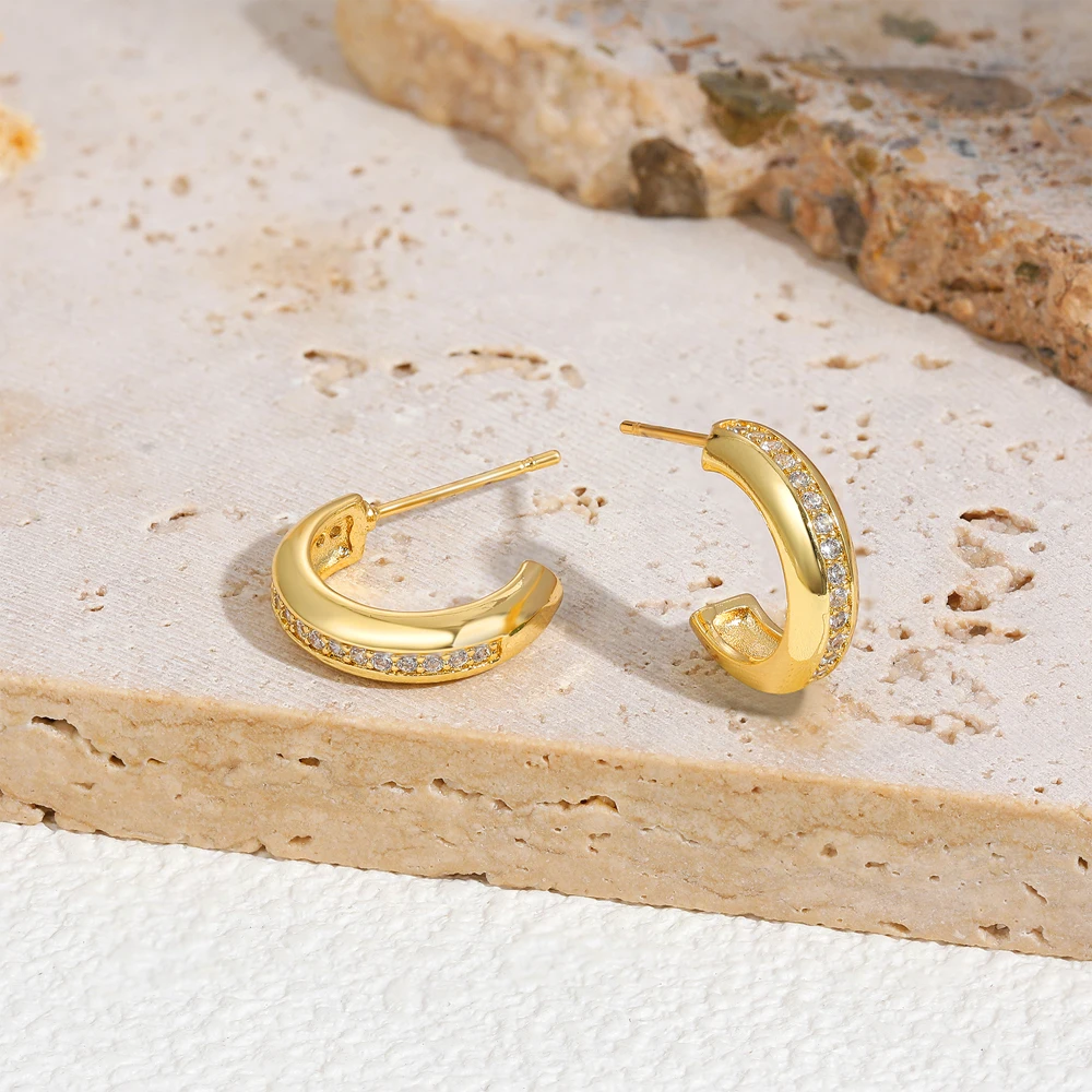 Klassischer Zirkon-Ohrring in C-Form, Edelstahl, minimalistisch, 18 Karat vergoldet, hypoallergene Ohrringe, wasserdichter Schmuck, Geschenke