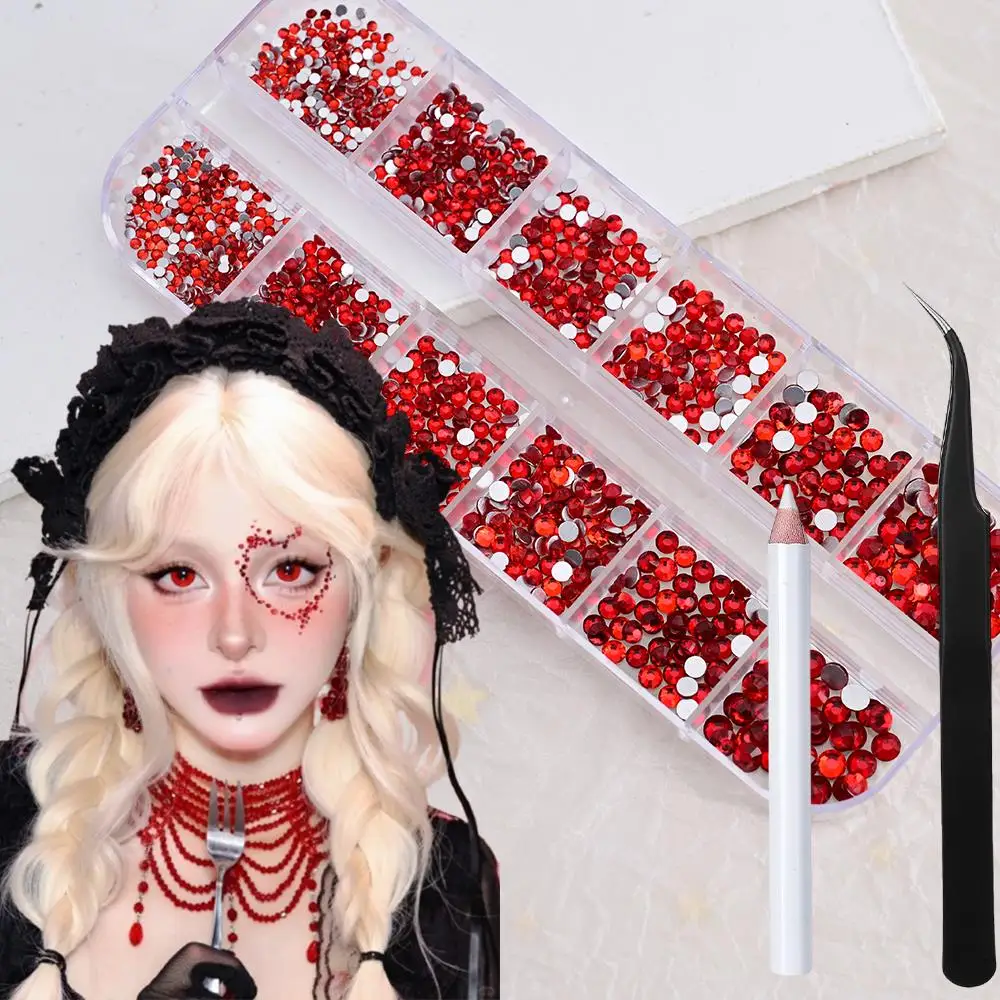 1500 Stück/Box 3D Rote Halloween Nagelkunst-Strasssteine + Dotting-Stift & Pinzette, Mehrere Größen, Runde Edelstein-Nagelcharms, DIY Maniküre-Zubehör