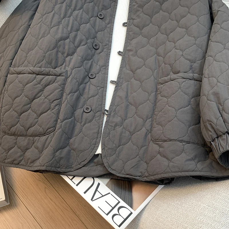 Women's Artistic Retro Gourd Pattern Puffy Cotton Jacket Pure Color Loose Fit Autumn Winter Sweet Style Cotton Coat