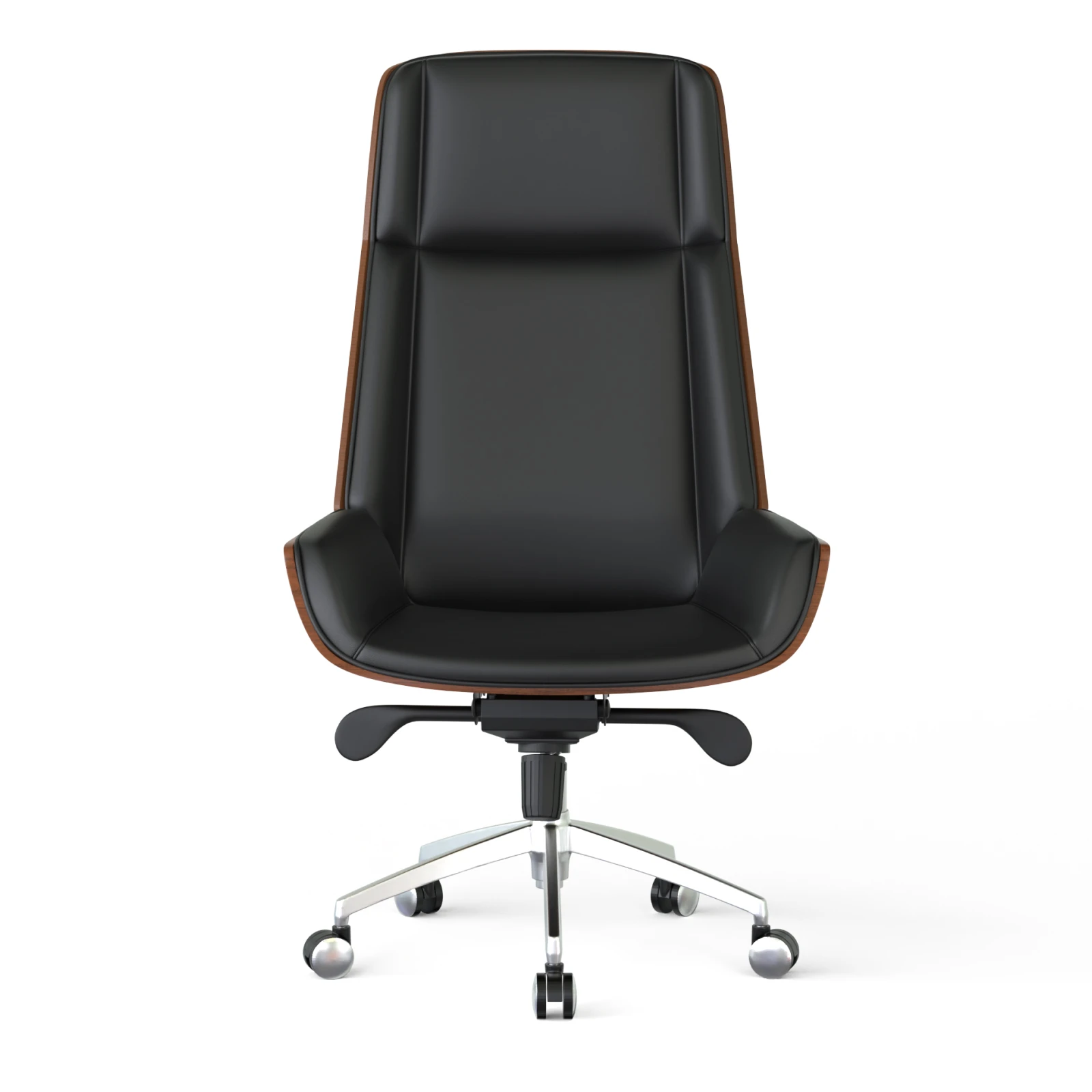 Contemporary Leather Upholstered Office Chair with Curved Wood Back & Adjustable Height with Chrome Legs