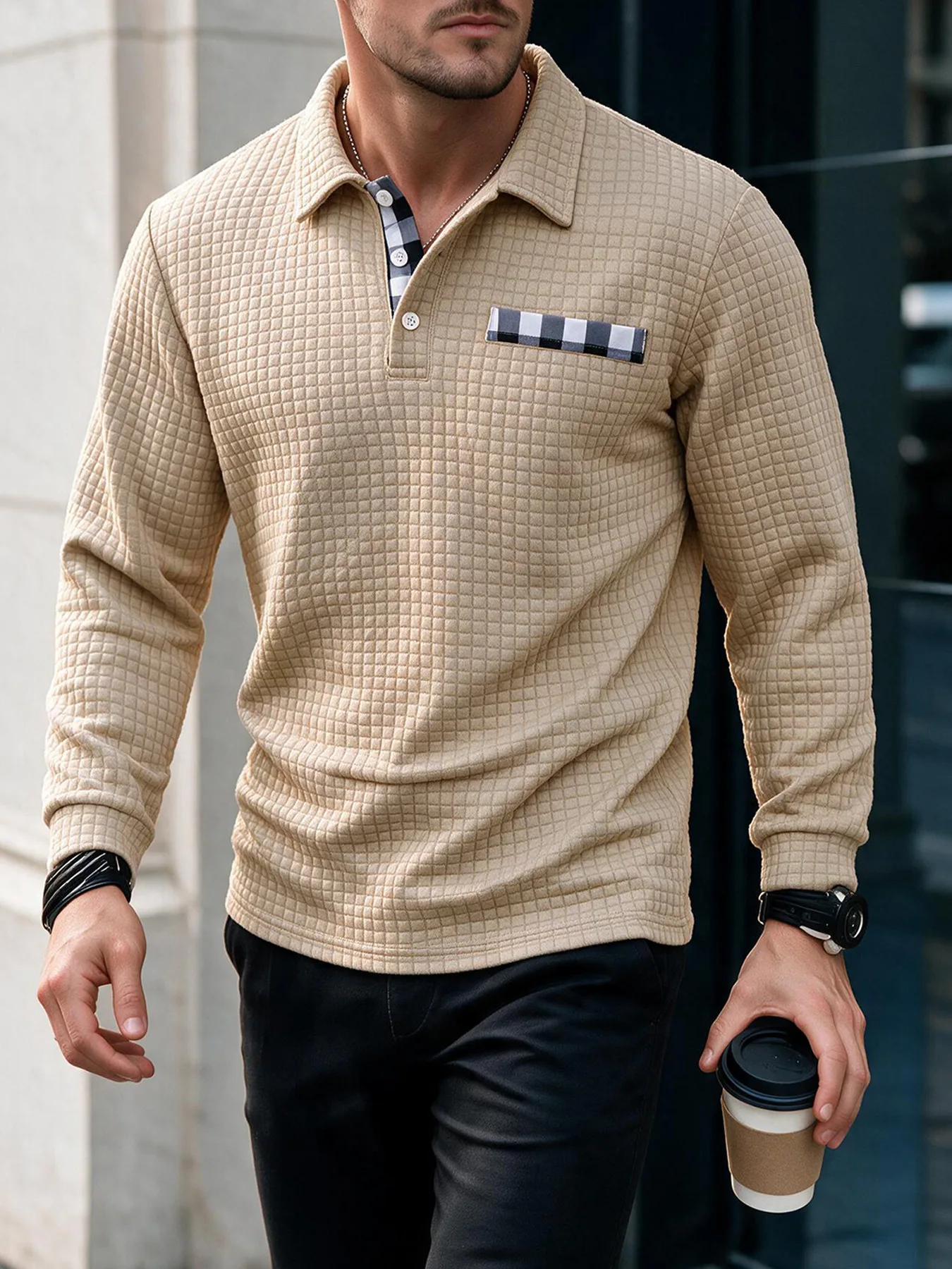 Autumn winter Men Textured Waffle Lapel Polo Sweatshirt Long Sleeve Casual Pullover Tops Patchwork Henley Collar Men clothing