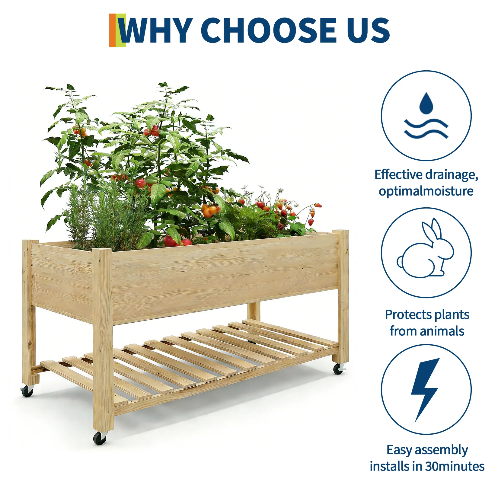 Mobile Raised Garden Bed with Lockable Wheels – Wooden Elevated Planter Box – Durable Legs – Bed Liner – Bottom Shelf – Outdoor Gardening for Patio, Deck, Backyard, Vegetables, Herbs, Flowers