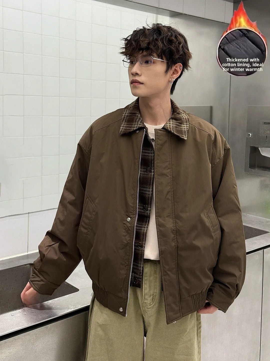 

Brown Plaid Thiened Cotton Jaet Men's Autumn Winter irt Collar Outerwear Flight Jaet Fake Two-Piece Sle Warmth