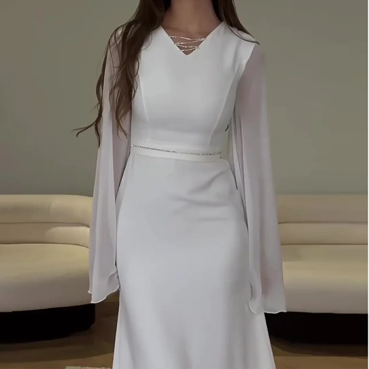 Vestido Midi de encaje para mujer, traje de noche elegante con manga abombada, cuello en V, malla, Primavera, 2024